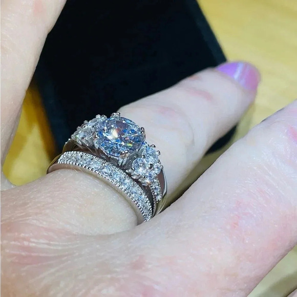 STERLING SILVER 3PIECE BRIDAL SET 6CTW 4CT CENTER 3 STONE RING STUNNER size 8 - Picture 5 of 16